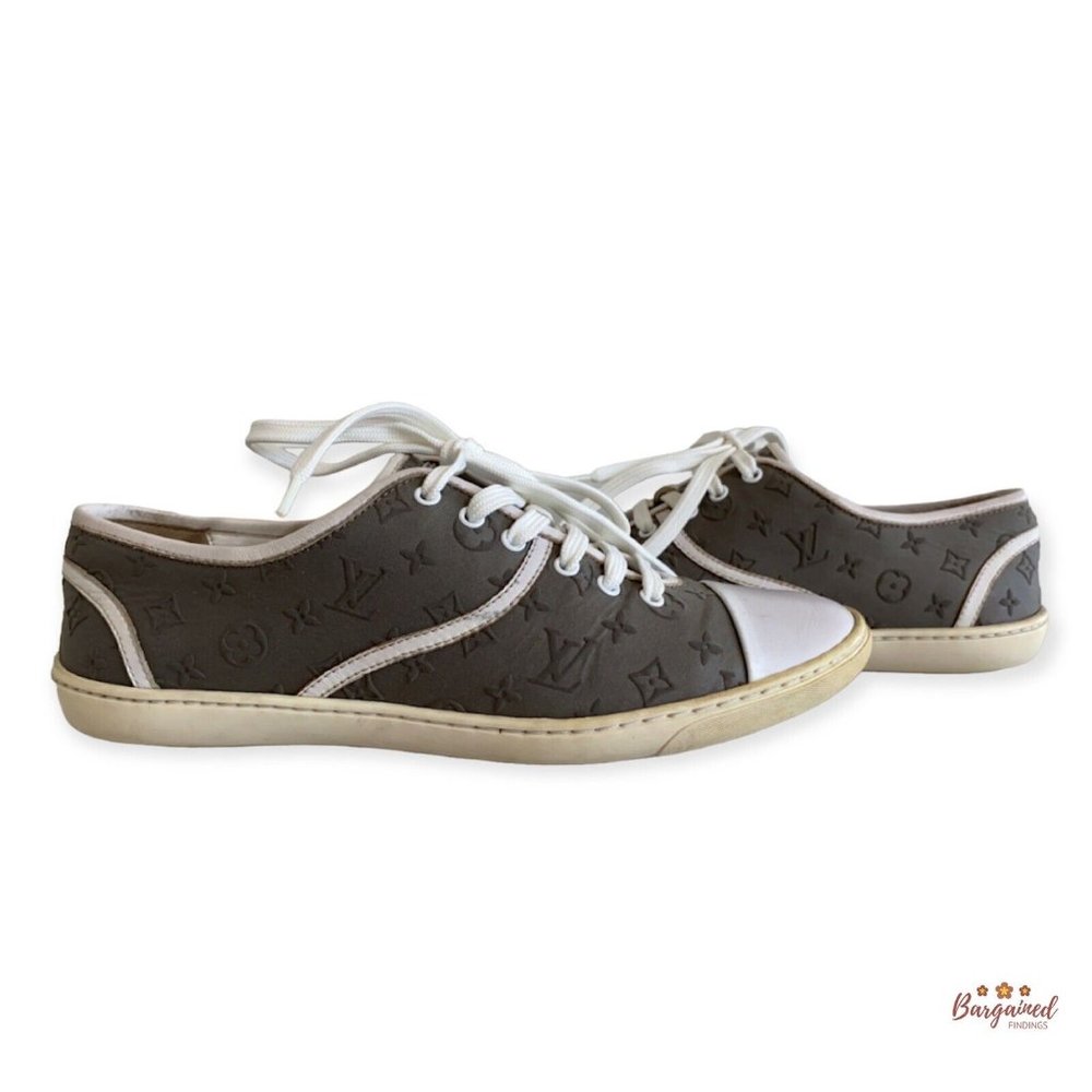 Authentic Louis Vuitton Gray/White Monogram Canvas Leather FrontRow Sneakers 5.5